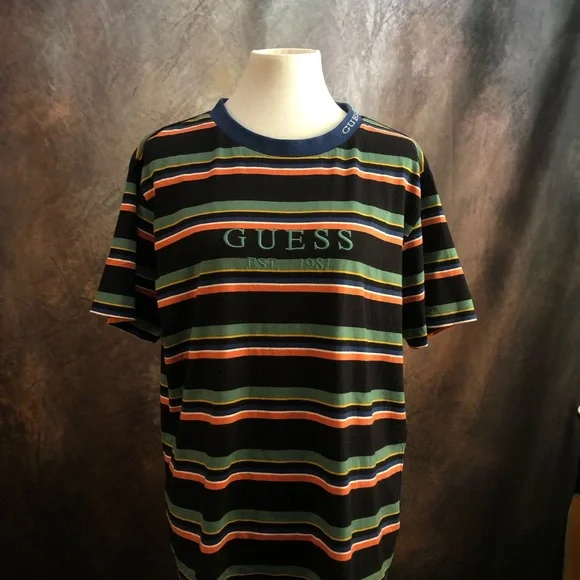 GUESS Black Tee with Green and Orange Stripe Pattern - Picture 2 of 5